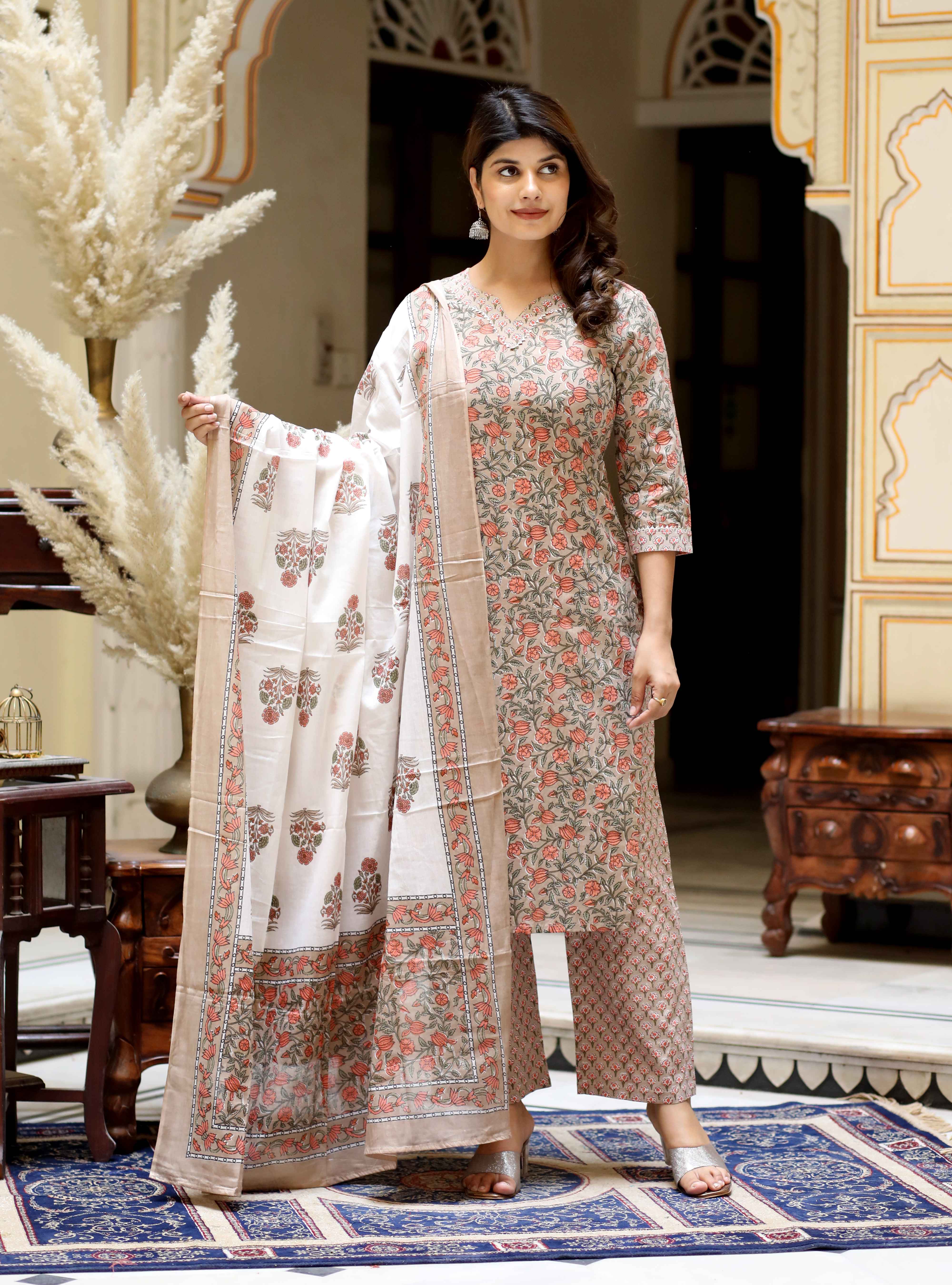 Brown Floral Printed Kurta with Palazzo Set – Rajasthani Inspired Party Wear